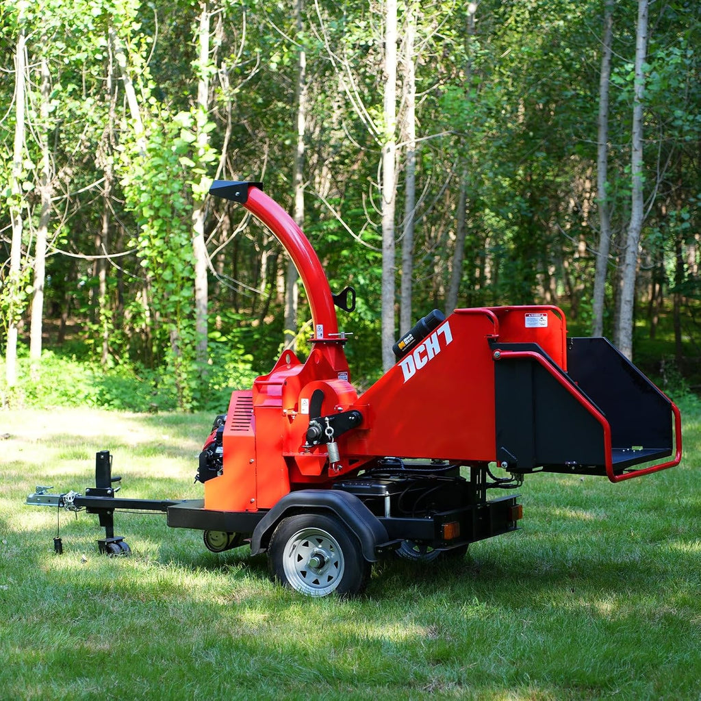 MechMaxx 7'' inch Honda 688cc 22HP Twin Cylinder Electric Starting Gasoline Powered Engine Hydraulic Feeding Towable Wood Chipper Shredder Mulcher with Towbar/Tail Light/Emergency Stop Bar, DCH7