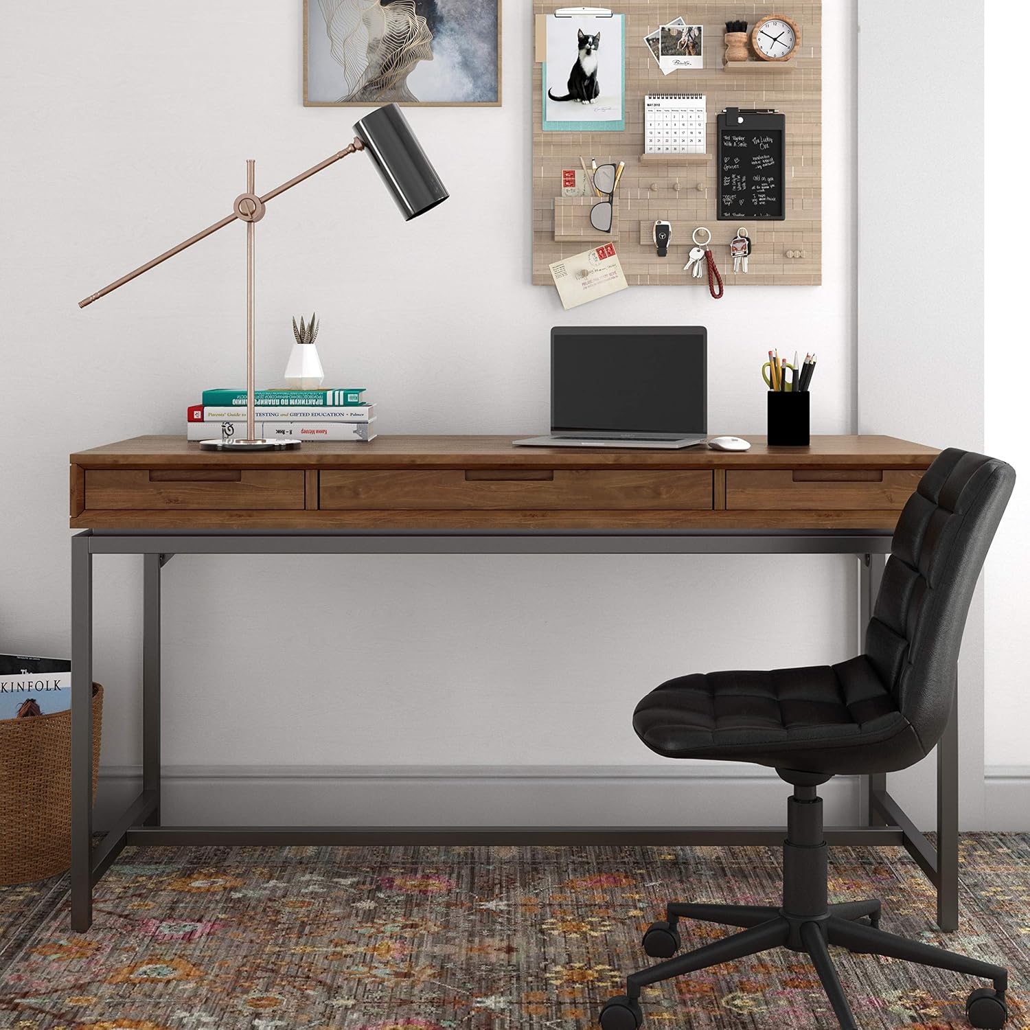 SIMPLIHOME Banting Desk - 60 Inch Wide Solid Wood and Metal Writing Desk in Medium Saddle Brown, Modern Industrial Home Office Computer Table for Study with 2 Drawers and Flip-Down Keyboard Tray