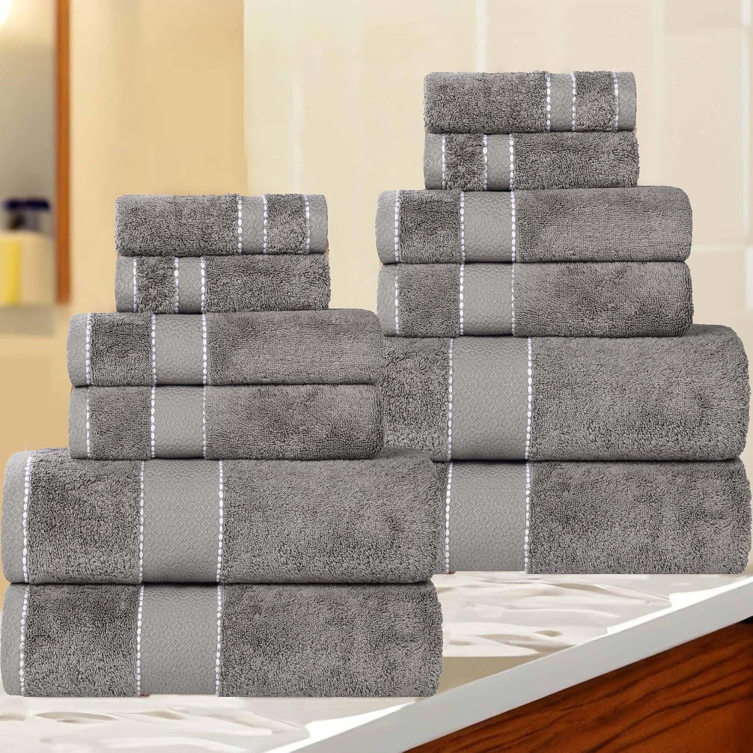Superior Egypt Produced Giza Cotton 12 Piece Towel Set, Luxury Plush Bathroom Essentials, Quick Dry, Shower, Spa, Soft, Includes 4 Bath, 4 Hand, 4 Washcloth/Face Towels, Niles Collection, Charcoal