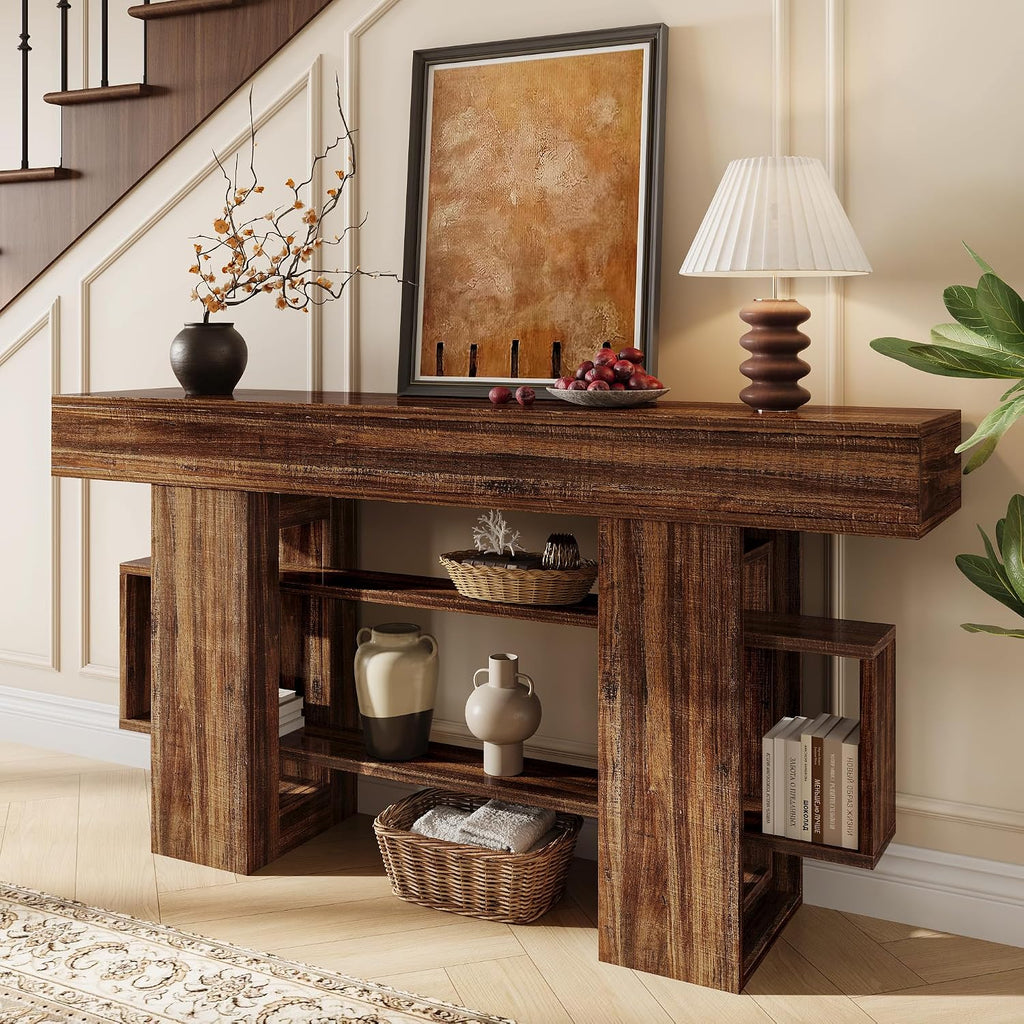 Einhomn 63 Inch Long Console Table for Entryway, Farmhouse Wooden Sofa Table Behind Couch with 3-Tier Storage Shelf, Narrow Entry Accent Table for Living Room, Hallway, Foyer, Rustic Brown