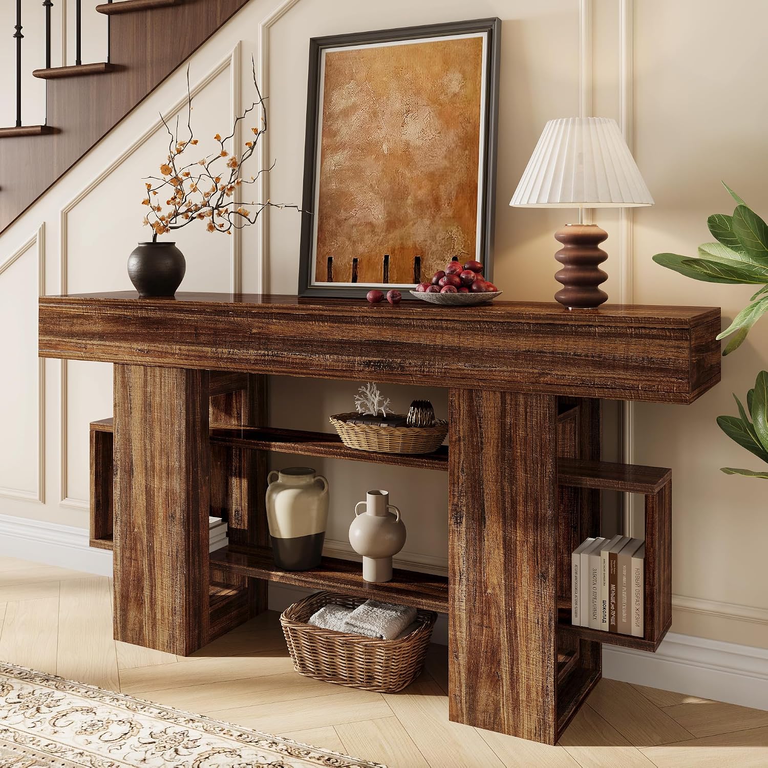 Einhomn 63 Inch Long Console Table for Entryway, Farmhouse Wooden Sofa Table Behind Couch with 3-Tier Storage Shelf, Narrow Entry Accent Table for Living Room, Hallway, Foyer, Rustic Brown