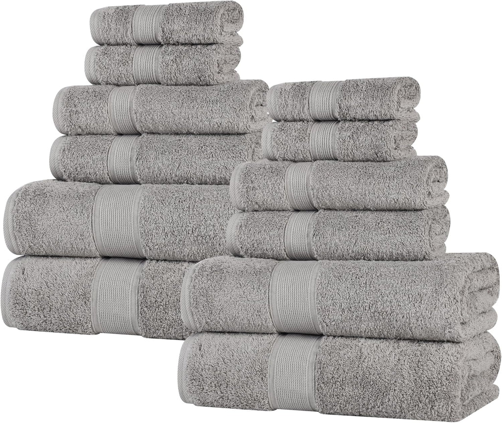 Superior Oregon Organic Cotton 12 Piece Towel Set, Heavyweight Towels for Bathroom Daily Use, Absorbent, Plush Eco-Friendly Bath Essentials, Includes 4 Bath, 4 Hand, 4 Face Towels, Silver