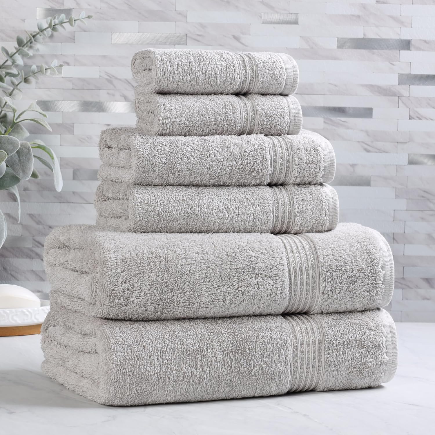 Superior Egyptian Cotton Towel Set, 6-Piece, Bathroom Essentials, Long Staple Combed Cotton, Absorbent, Fast Drying, Silver