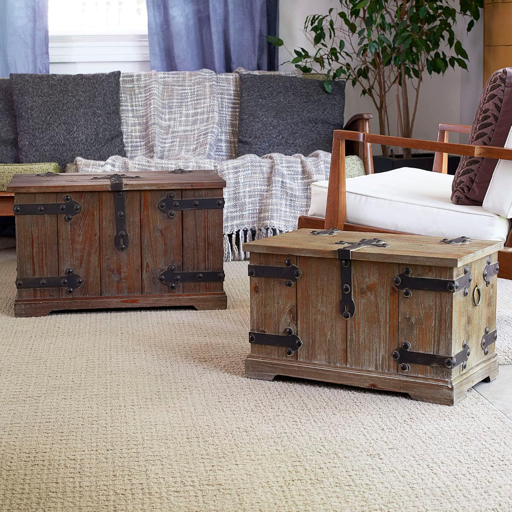 Household Essentials Victorian Style Decorative Trunk in Chinese Fir Wood with Metal Accents, Natural, Set of 2