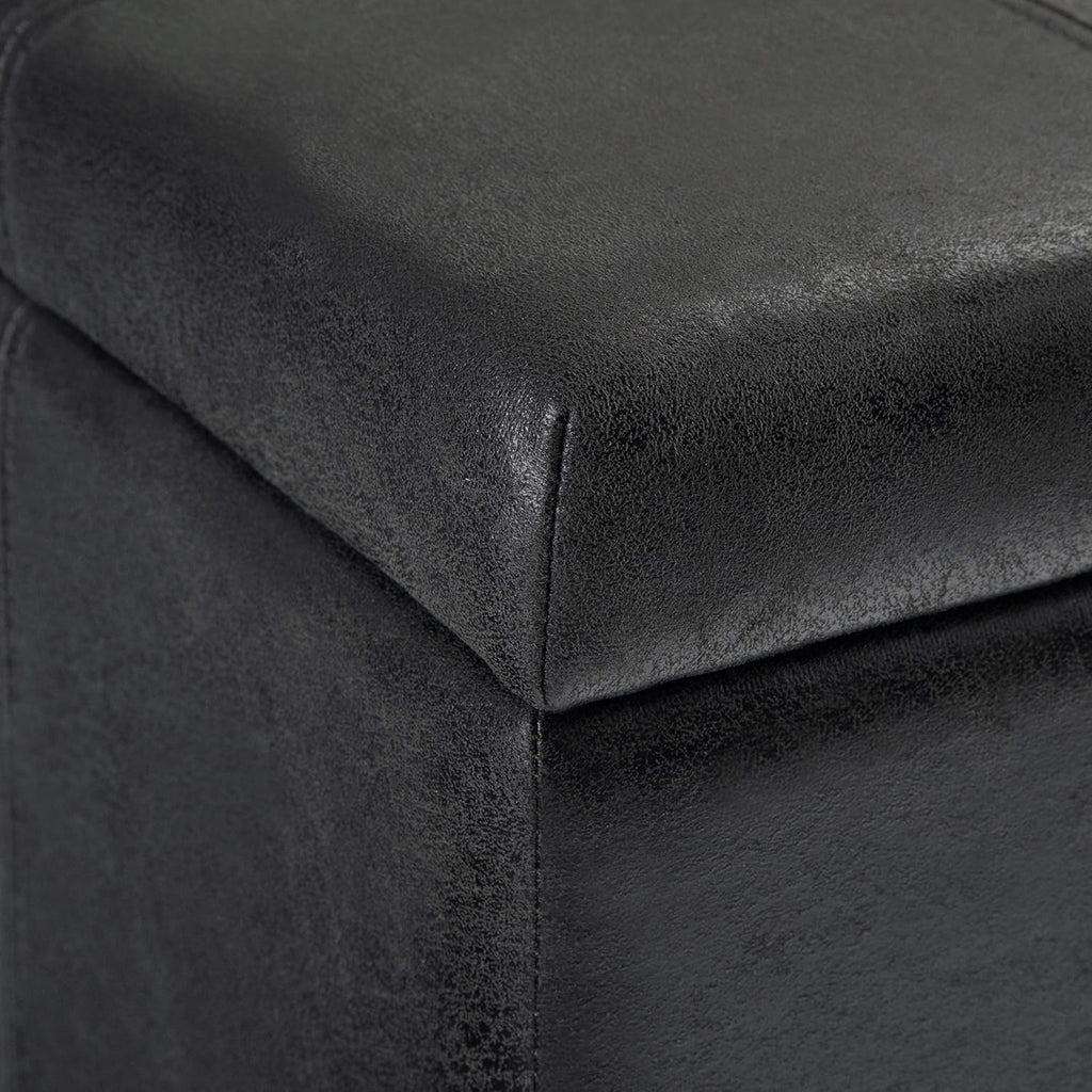 SIMPLIHOME Dover Storage Ottoman Bench - 36 inch Wide Upholstered Vegan Leather Rectangular Lift-Top Ottoman in Distressed Black, Contemporary Bench for Living Room with Safety Hinges