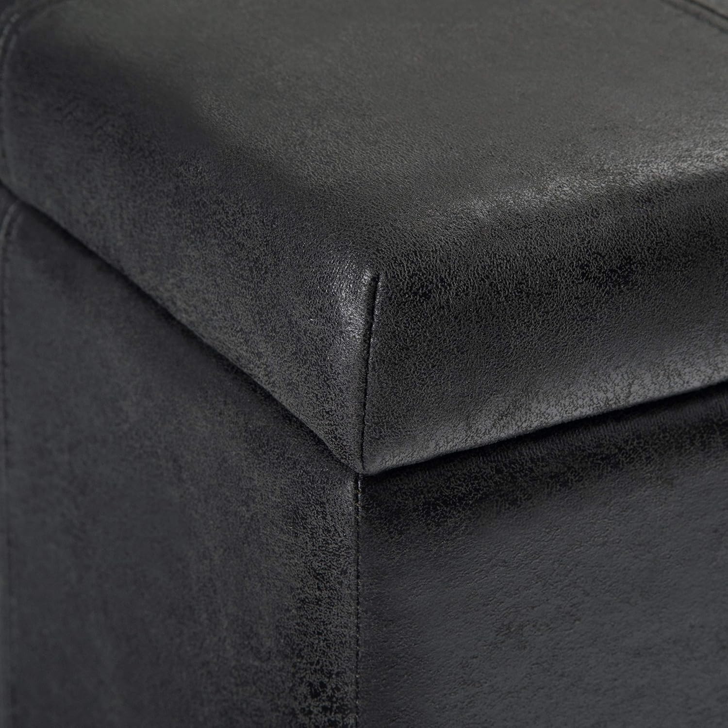 SIMPLIHOME Dover Storage Ottoman Bench - 36 inch Wide Upholstered Vegan Leather Rectangular Lift-Top Ottoman in Distressed Black, Contemporary Bench for Living Room with Safety Hinges