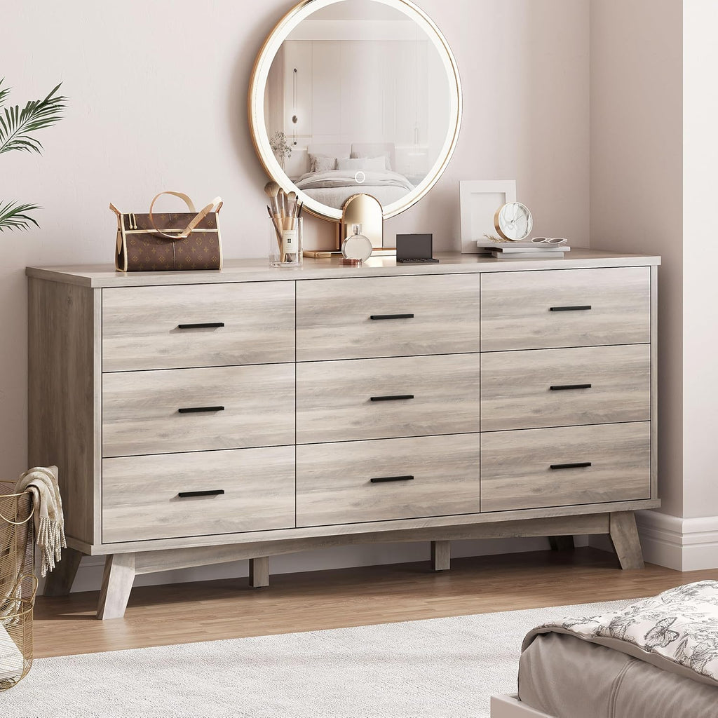 Xixini Dresser for Bedroom, 9 Drawer Wide Modern Chest of Drawers with X-Shaped Sturdy Base, Wood Double Dresser Closet Clothes Storage Organizer, Wooden TV Stand for Living Room, Hallway, Grey