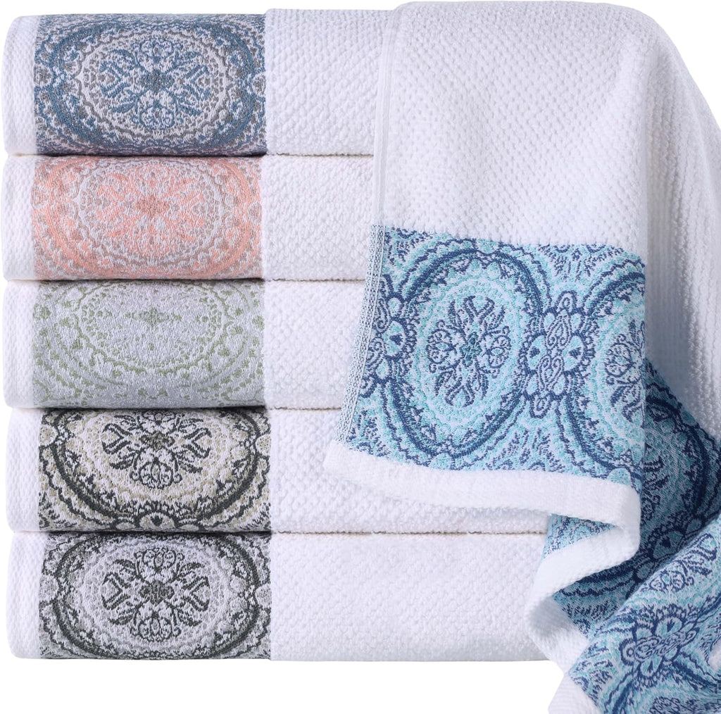 Superior Medallion Cotton 12 Piece Assorted Towel Set, Absorbent, Textured, Quick-Dry, Shower, Spa Basics, Solid White, Color Border, Includes 2 Bath Towels, 5 Hand Towels, 5 Face Towels, White-Silver