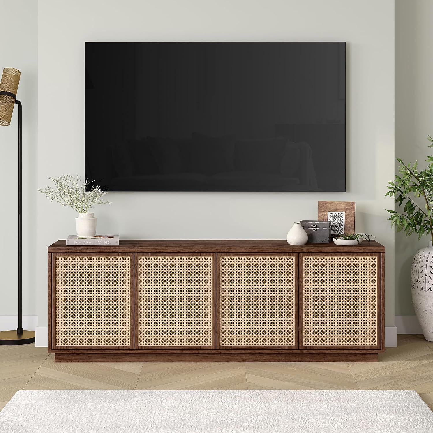 Henn&Hart 2-Tone TV Stand for TVs up to 78' with 2 Concealed Storage Cabinets, Rattan Insert Detailing, and Adjustable Shelves for Living Room, Family Room, or Office, Medium Walnut/Natural Rattan