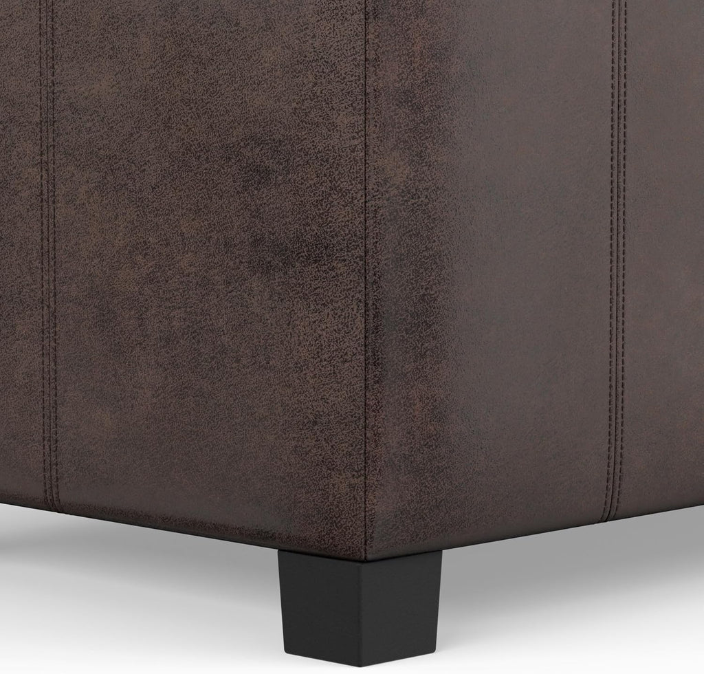 SIMPLIHOME Dover Storage Ottoman Bench - 36 inch Wide Upholstered Vegan Leather Rectangular Lift-Top Ottoman in Distressed Brown, Contemporary Bench for Living Room with Safety Hinges