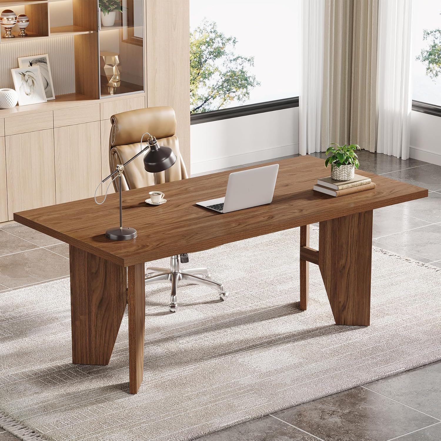 Tribesigns 63' Executive Desk, Mid-Century Modern Office Computer Desk with Sturdy Legs, Large Wooden Workstation Writing Table, Farmhouse Business Furniture for Home Office, Brown