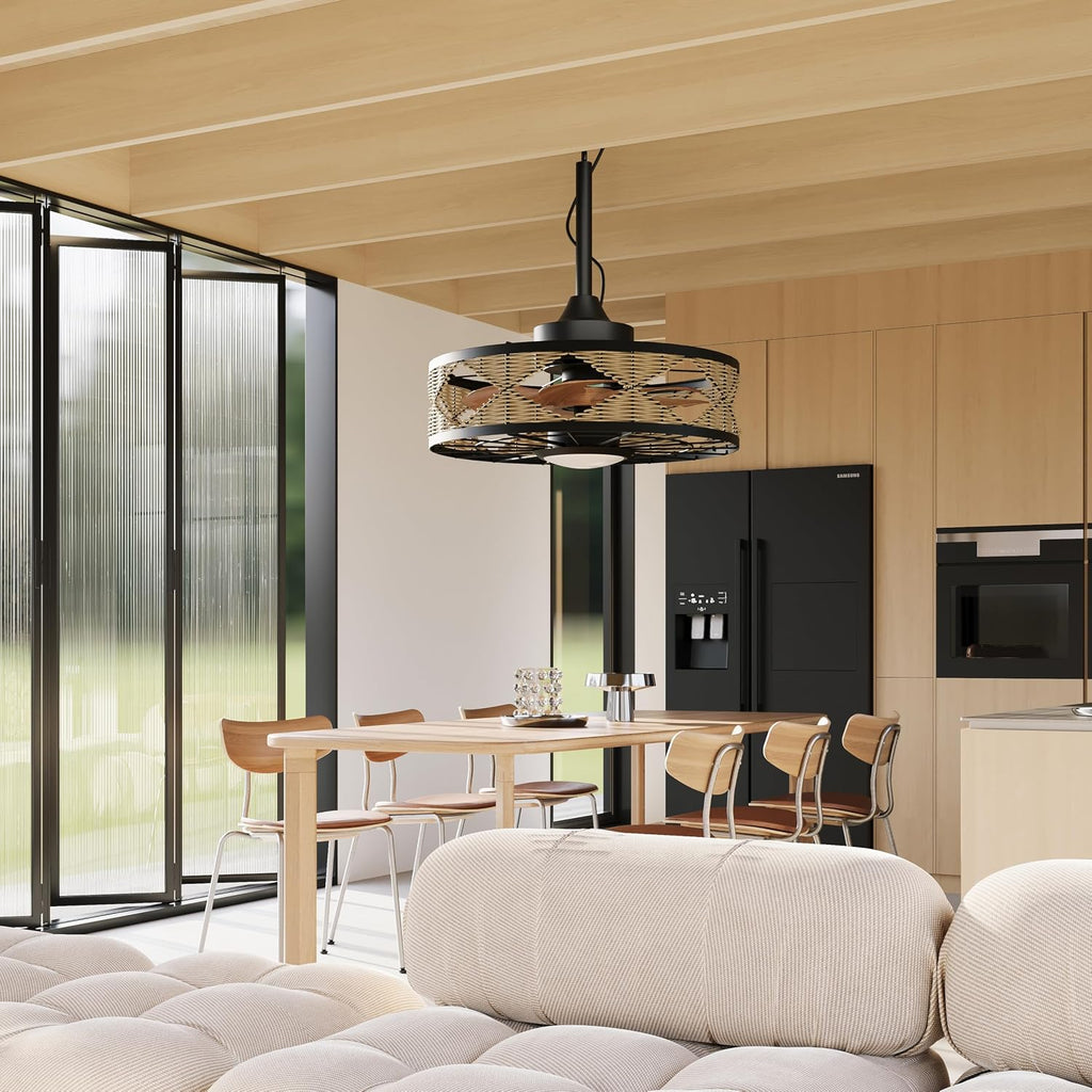 Boho Outdoor Ceiling Fans for Patios, 20 Inch Waterproof Plug In Ceiling Fan with Light, 3CCT, Rattan Caged Gazebo Fan Light with Remote and App Control, 6 Speed Reversible for Pergola, Porch, Indoor