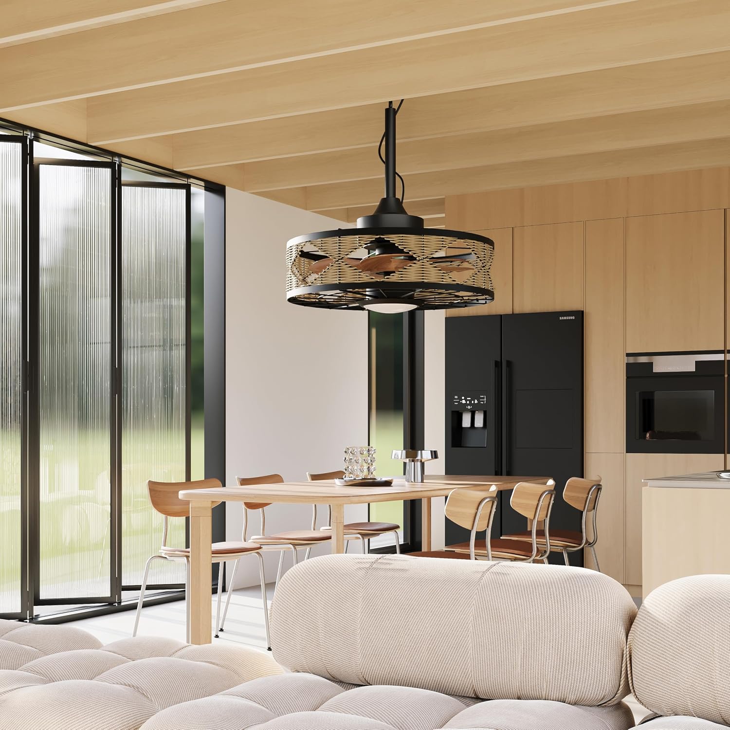 Boho Outdoor Ceiling Fans for Patios, 20 Inch Waterproof Plug In Ceiling Fan with Light, 3CCT, Rattan Caged Gazebo Fan Light with Remote and App Control, 6 Speed Reversible for Pergola, Porch, Indoor