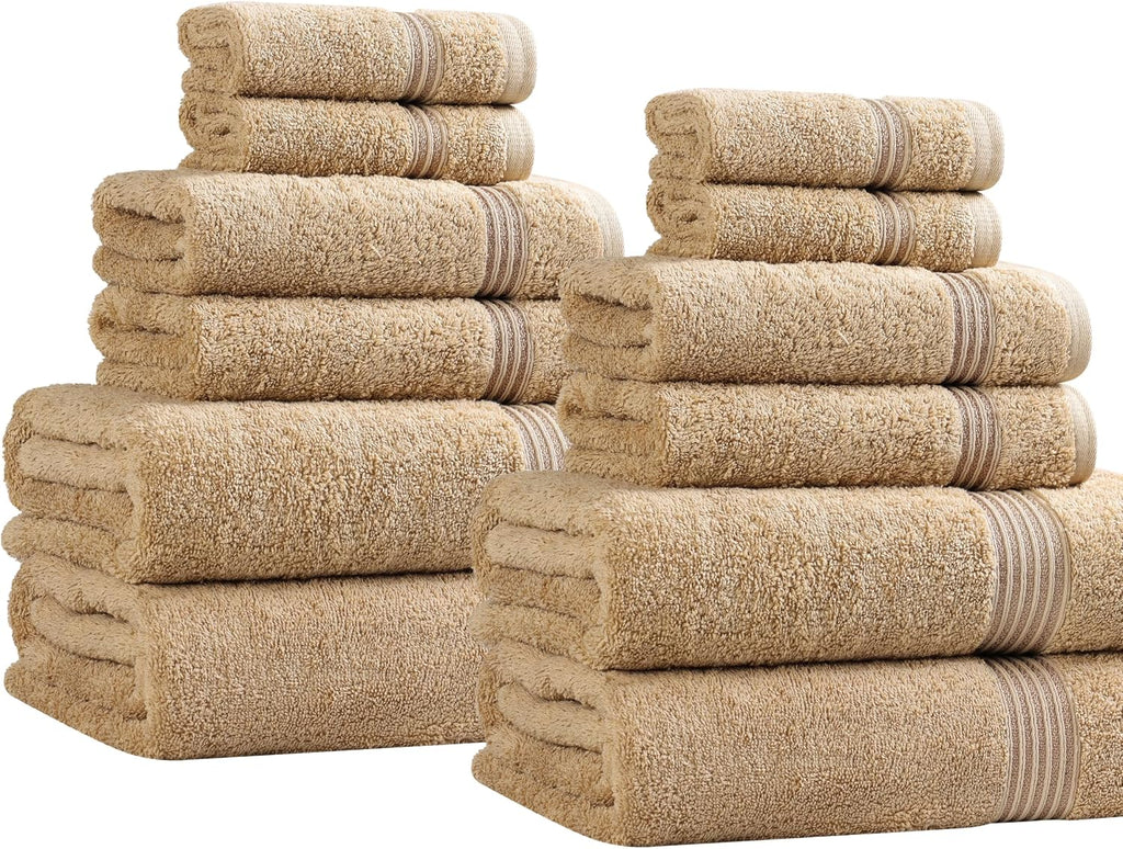 Superior Egyptian Cotton 12-Piece Towel Set, Assorted Towels for Home Bathroom, Guest Bath Decor Essentials, Includes 4 Bath, 4 Hand, 4 Face Towels/Washcloths, Quick Dry, Absorbent - Toast