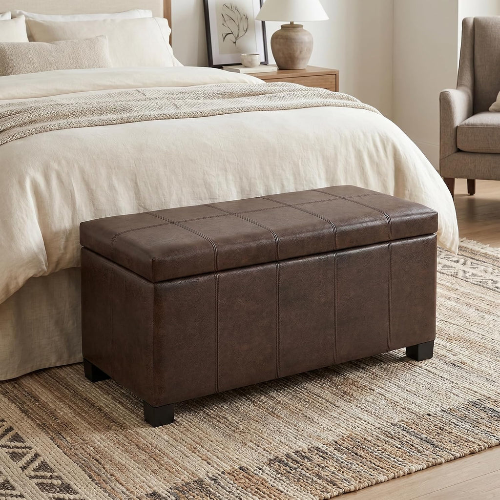 SIMPLIHOME Dover Storage Ottoman Bench - 36 inch Wide Upholstered Vegan Leather Rectangular Lift-Top Ottoman in Distressed Brown, Contemporary Bench for Living Room with Safety Hinges