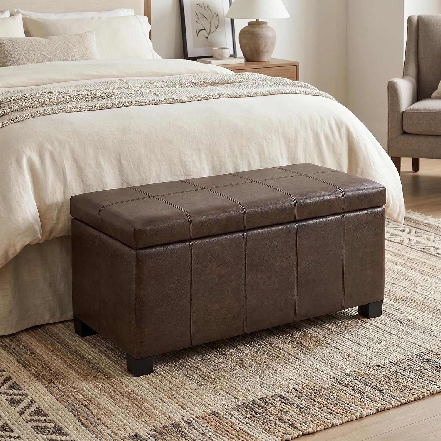 SIMPLIHOME Dover Storage Ottoman Bench - 36 inch Wide Upholstered Vegan Leather Rectangular Lift-Top Ottoman in Distressed Brown, Contemporary Bench for Living Room with Safety Hinges