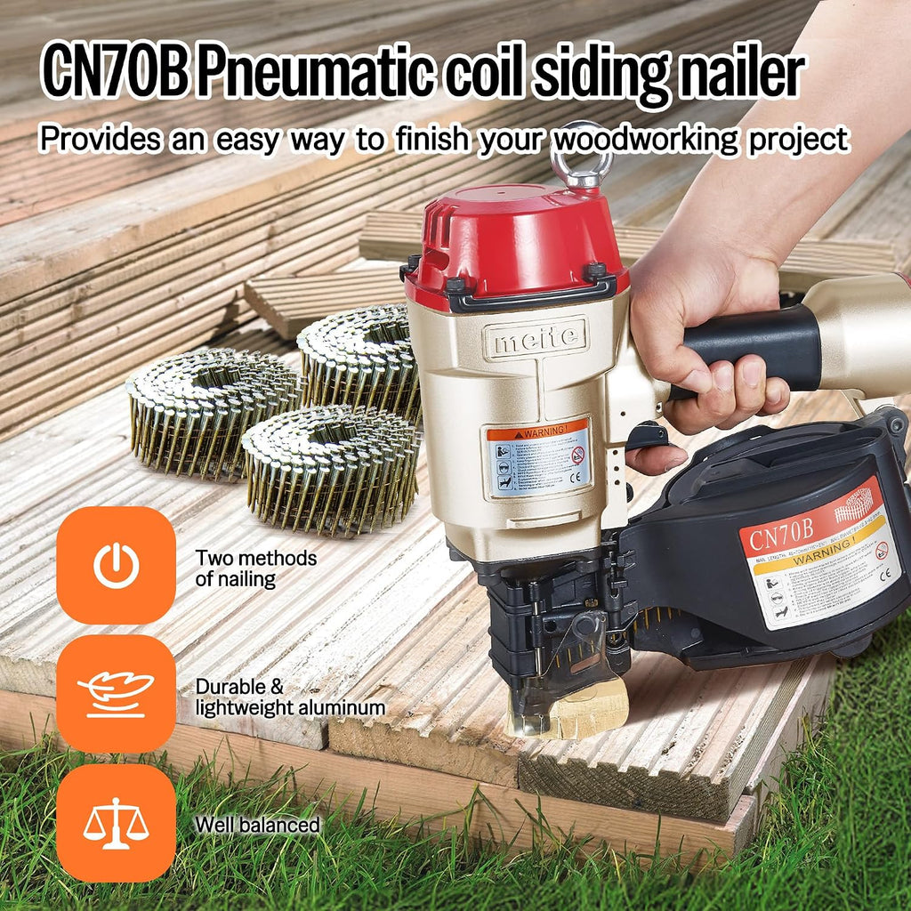 meite CN70B Pneumatic Coil Nailer with 15 Degree Siding Nails 2' × .099'' - Air Coil Nail Gun with 400PCS Magazine, 360° Adjustable Exhaust for Framing Sheathing Pallets Hardwood Projects