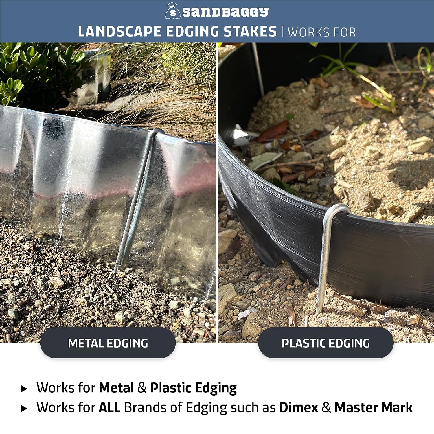 Sandbaggy 10-Inch Steel Landscape Edging Stakes Staples | More Sturdy Than Plastic Stakes | Works for All Landscape Edging Brands Such As Dimex & Easy Flex (300)