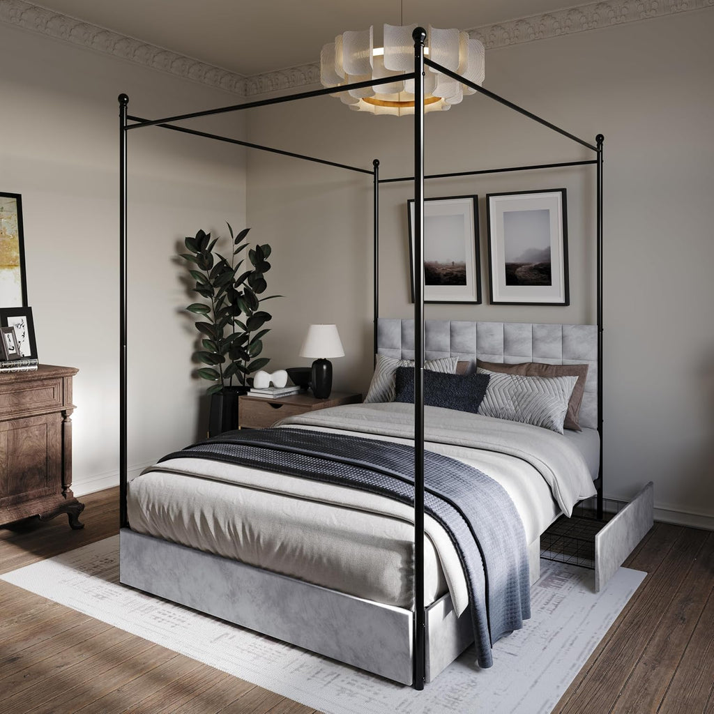 HOME DESIGN Hobart Upholstered Metal Storage Canopy Bed King with Square-Tufted Velvet Headboard & 4 Drawers, Modern Platform Bed with Foam Padding