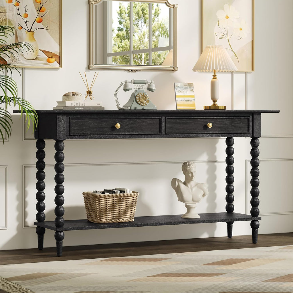 Christopher Knight Home Zeka Narrow Console Table with Storage, Wood Entryway Table with 2 Drawers and 1 Bottom Shelf, Retro Display Table with Unique Spherical Legs for Hallway, Living Room, Black