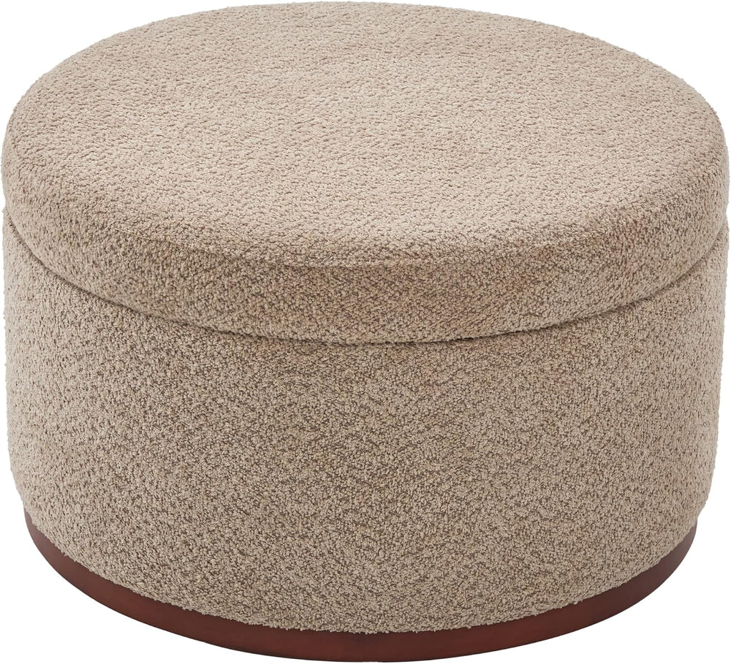 Christopher Knight Home Sadin Modern Round Ottoman with Storage for Living Room, Lift-Lid Storage Ottoman Coffee Table, Chenille Upholstered Ottoman Foot Rest, No Assembly Needed, Light Brown