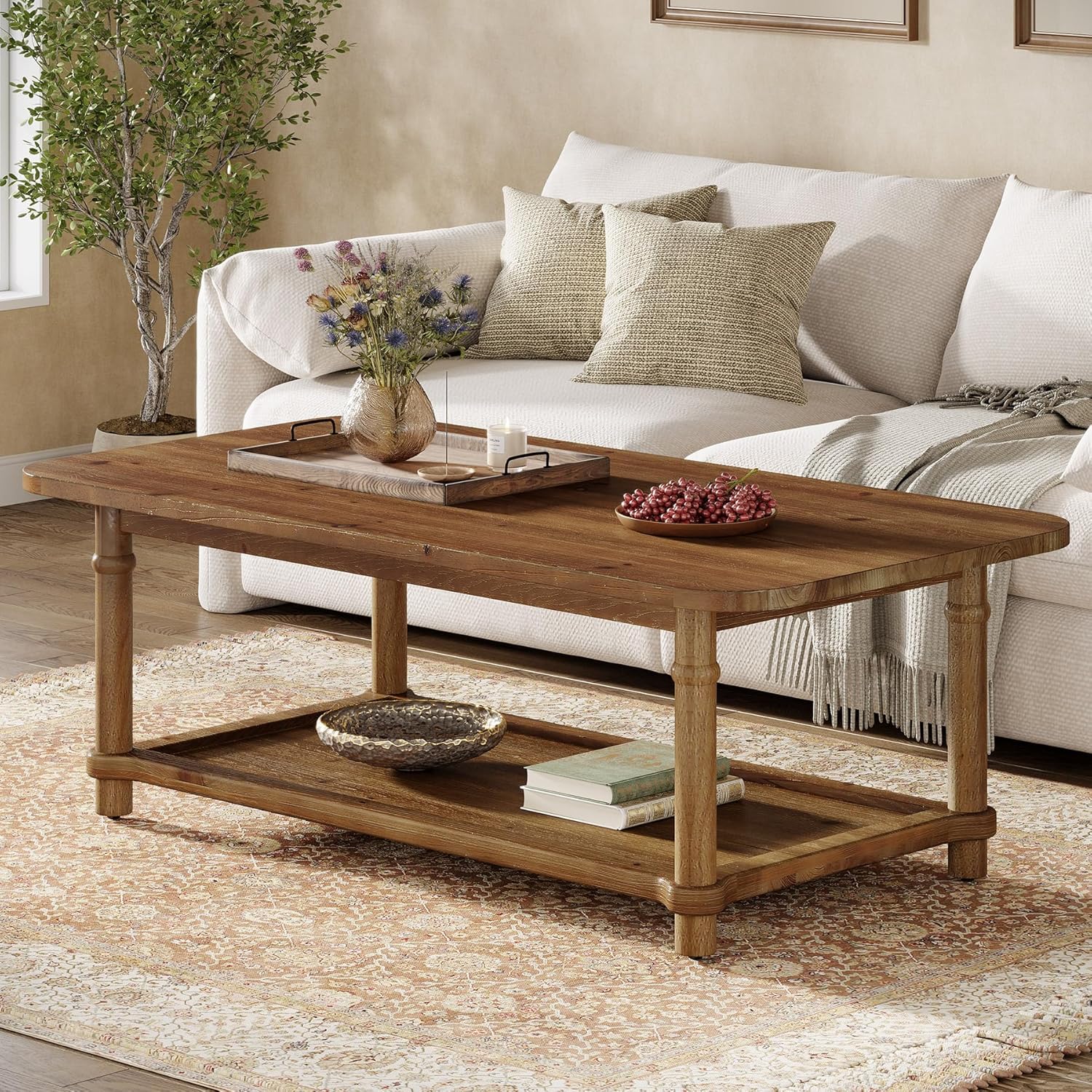 47' Rectangle Coffee Table, Solid Wood Center Table with 2-Tier Storage, Modern Farmhouse Coffee Furniture for Living Room, Home & Family Room, Natural Brown