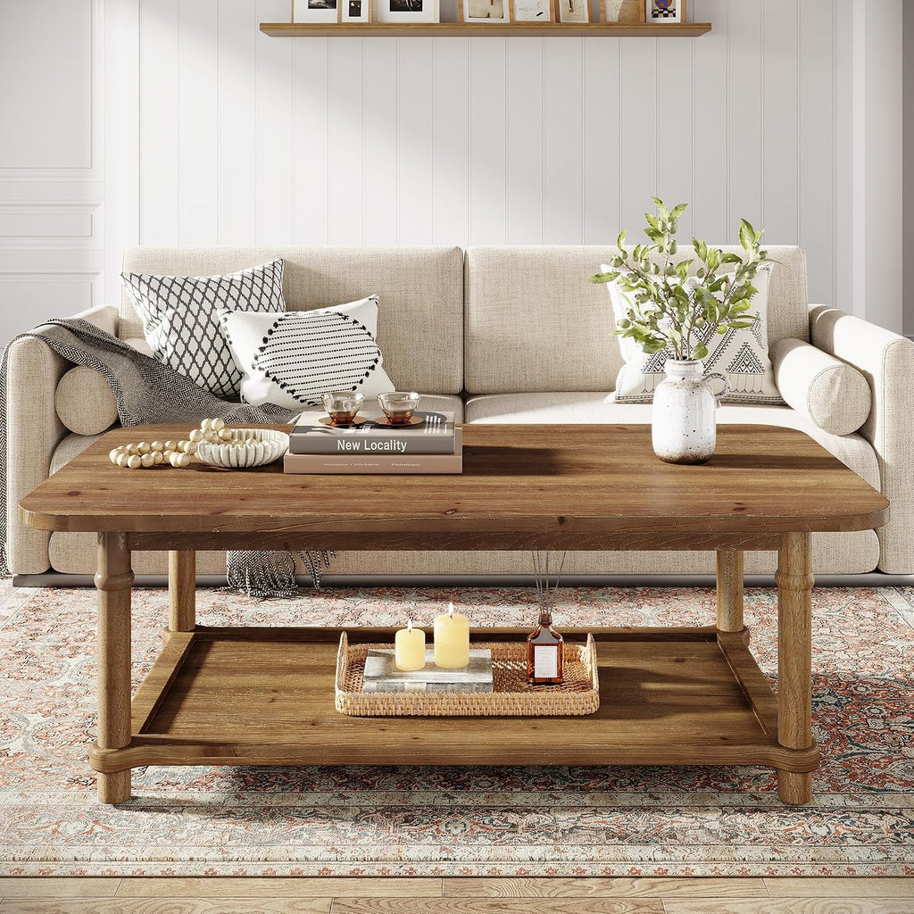 47' Rectangle Coffee Table, Solid Wood Center Table with 2-Tier Storage, Modern Farmhouse Coffee Furniture for Living Room, Home & Family Room, Natural Brown