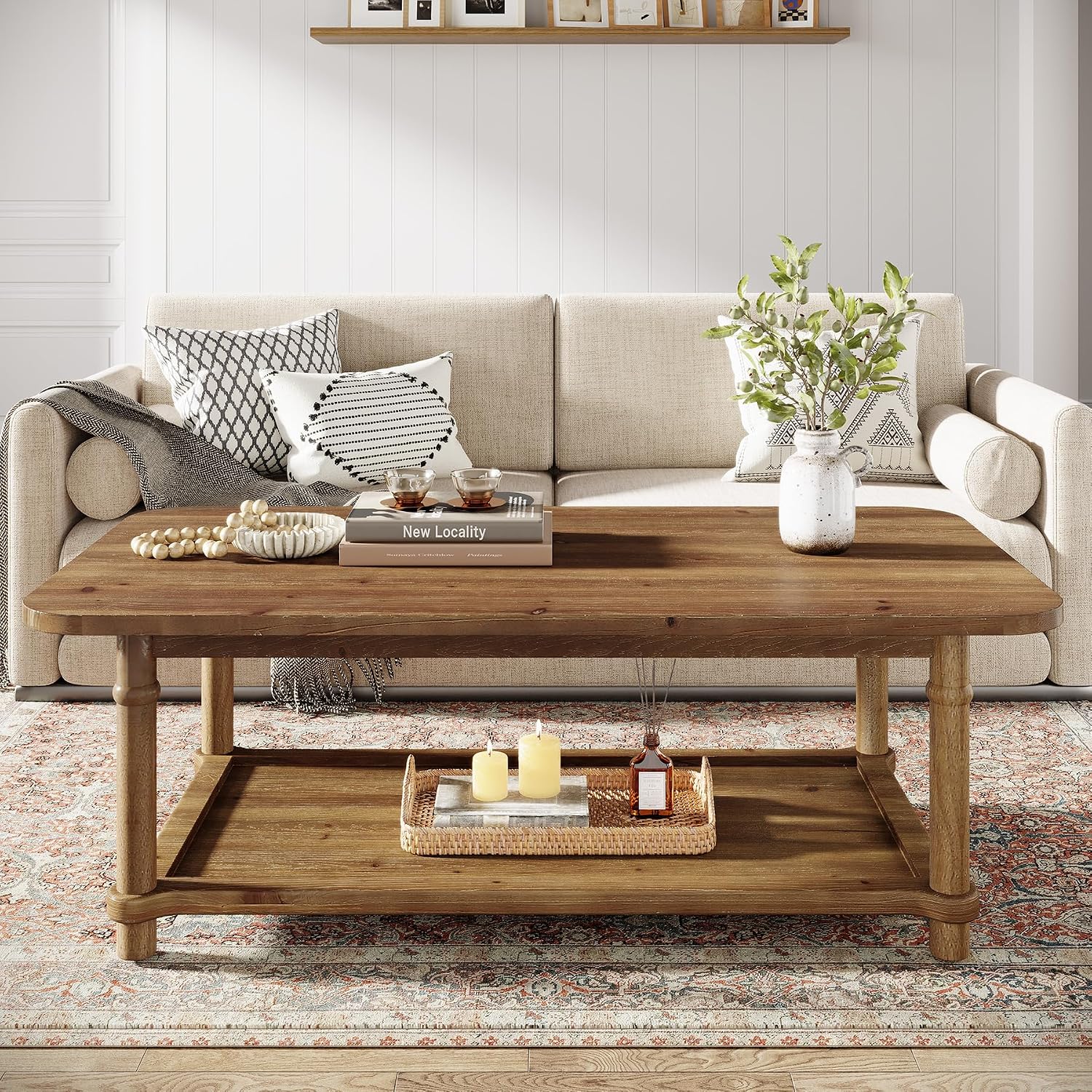 47' Rectangle Coffee Table, Solid Wood Center Table with 2-Tier Storage, Modern Farmhouse Coffee Furniture for Living Room, Home & Family Room, Natural Brown