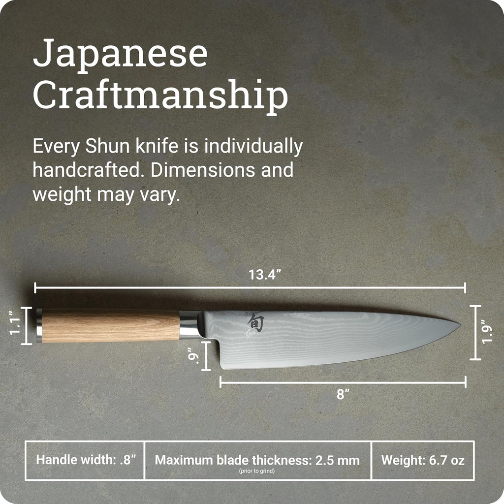 Shun Classic Blonde 8' Chef's Knife, Handcrafted Japanese Kitchen Knife for Professional and Home Chefs, VG-MAX Core with Damascus Stainless Steel Cladding, Pakkawood Handle