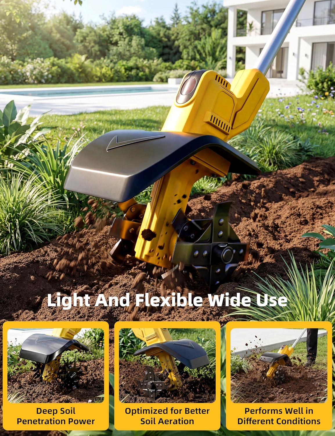 Cordless Tiller Cultivator/ Trencher 2-IN-1, Electric Mini Tiller Lawn Edger w/ 2*4.0Ah Battery, 9' Width, 6' Depth, 48 Steel Tines Rototiller for Garden, Soil, Weeding, Compatible with Dewalt Battery