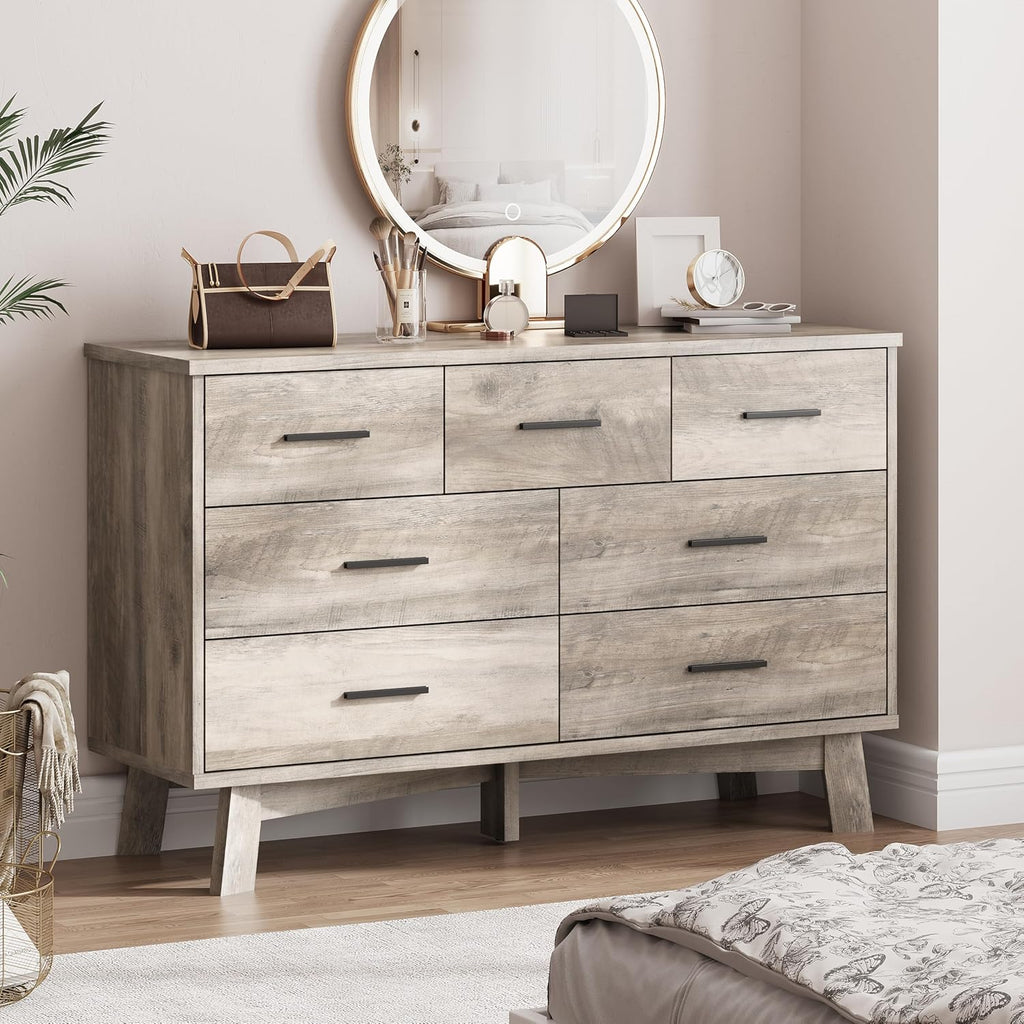 Xixini Dresser for Bedroom with 7 Drawer, Wood Modern Chest of Drawers with X-Shaped Sturdy Base, Wide Double Dresser Closet Clothes Storage Organizer, Wooden TV Stand for Living Room, Hallway, Grey