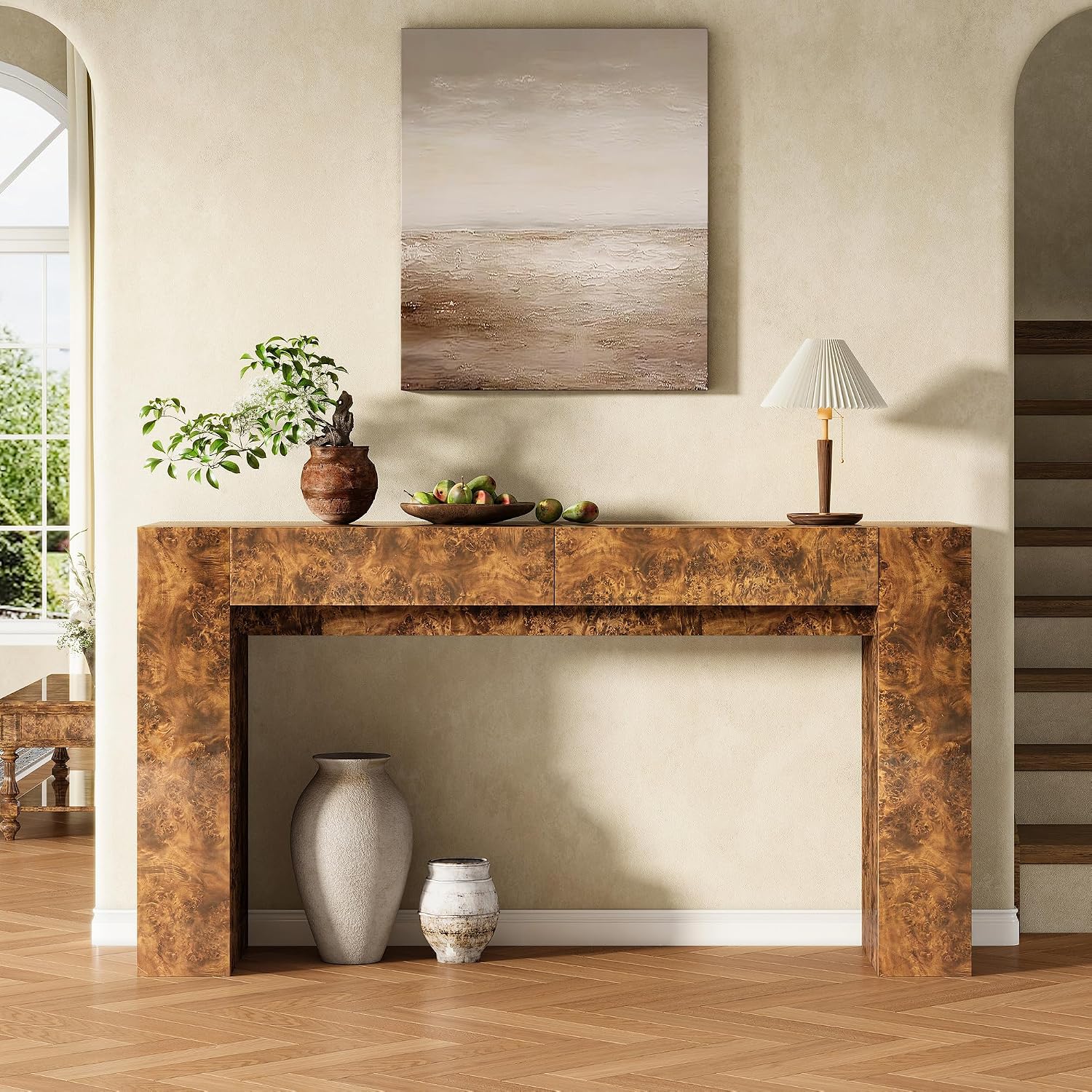 AMERLIFE 63' Burl Wood Console Table, Modern High Gloss Entryway Table with 2 Storage Drawers, Long Sofa Table Behind the Couch for Entrance, Hallway, Foyer, Living Room, Brown