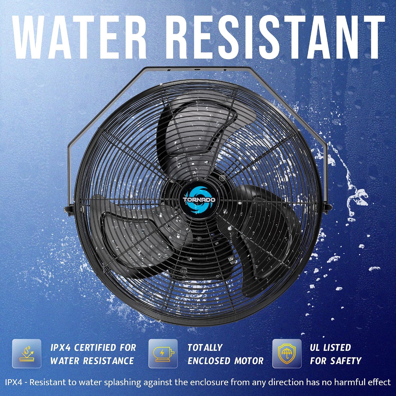 Tornado 18 Inch Outdoor IPX4 Water-Resistant Wall Mounted Fan, 3 Speed High Velocity Metal Industrial Wall Fan For Commercial, Residential and Greenhouse, 1/6 HP 6.6 FT Cord UL Safety Listed, Black