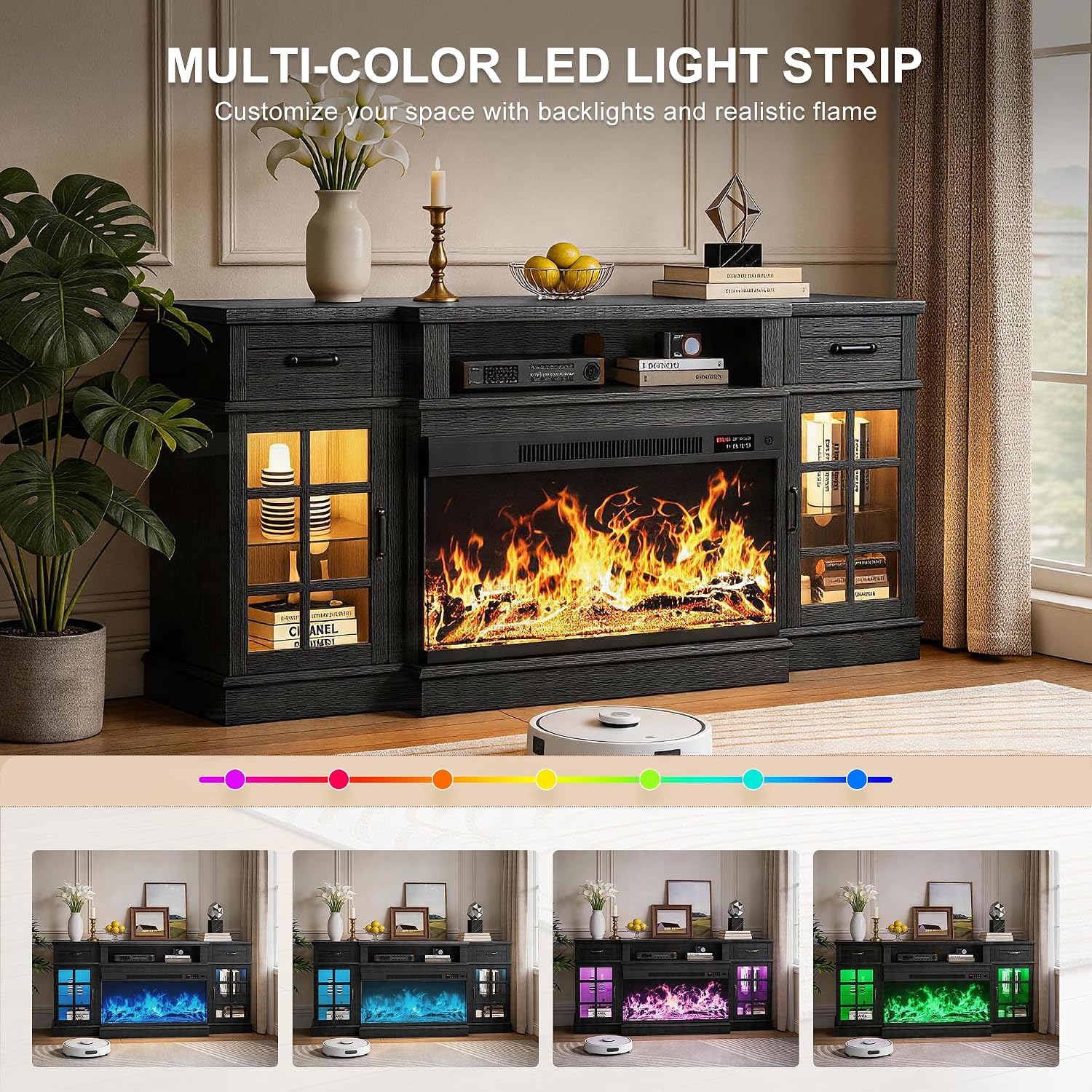 MXV 70' Fireplace TV Stand, 3-Sided Glass Fireplace and Modern Entertainment Center, Wooden Media Console with Glass Doors & Storage Drawers, LED Light, for Living Room, Black