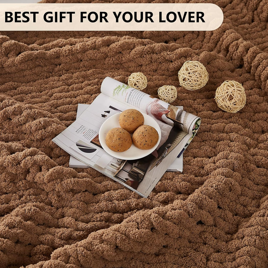 L'AGRATY Chunky Knit Blanket Throw: 80''x90'' Chenille Chunky Knitted Throw Blanket for Bed Couch - Handmade Thick Big Cable Knit Blanket - Large Chunky Crochet Rope Blanket for Home Decor(Brown)