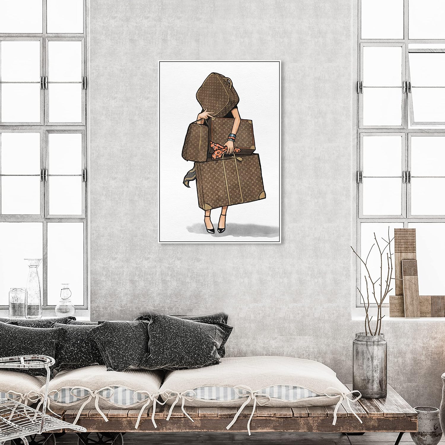 The Oliver Gal Artist Co. Fashion and Glam Modern Canvas Art - Bags, Bags, Bags- Orange, Wall Art for Living Room, Bedroom, and Bathroom, 30 in x 45, White and Brown Home Decor