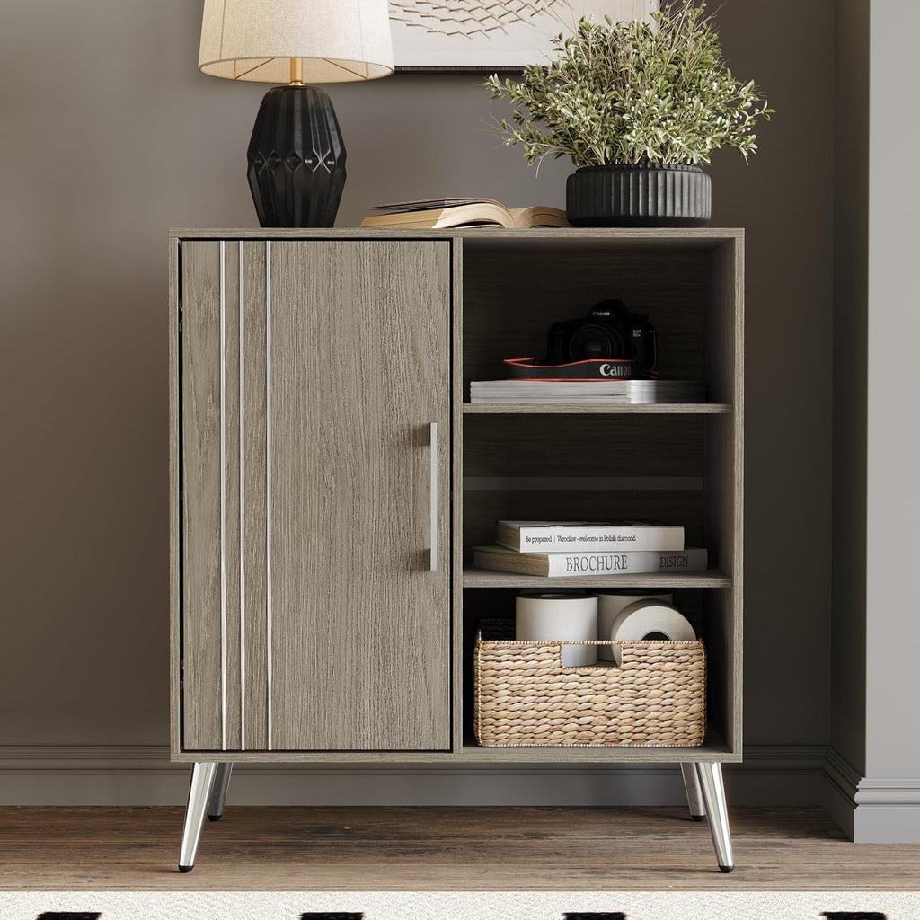 HOME DESIGN Ashwin Sideboard, Modern Storage Cabinet with Drawers & Shelves, Silver-Tone Tapered Legs, Sleek Durable Design, Easy Assembly