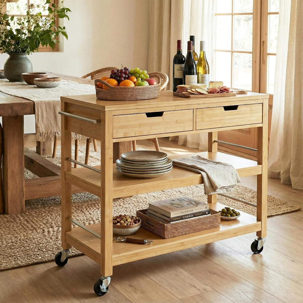 Christopher Knight Home Metis Bamboo Rolling Bar Cart with Storage, Kitchen Island on Wheels with Drawers, Mobile Kitchen Cart Storage Cabinet, Rolling Serving Cart, Shelf Rack Organizer, Natural