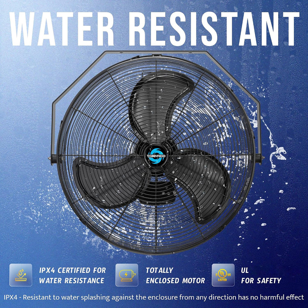 Tornado 24 Inch Outdoor Rated IPX4 Water-Resistant High Velocity Metal Industrial Workstation Wall Mount Fan For Commercial, Industrial, Residential, Greenhouse Use TEAO Motor 3 Speed UL Safety Listed