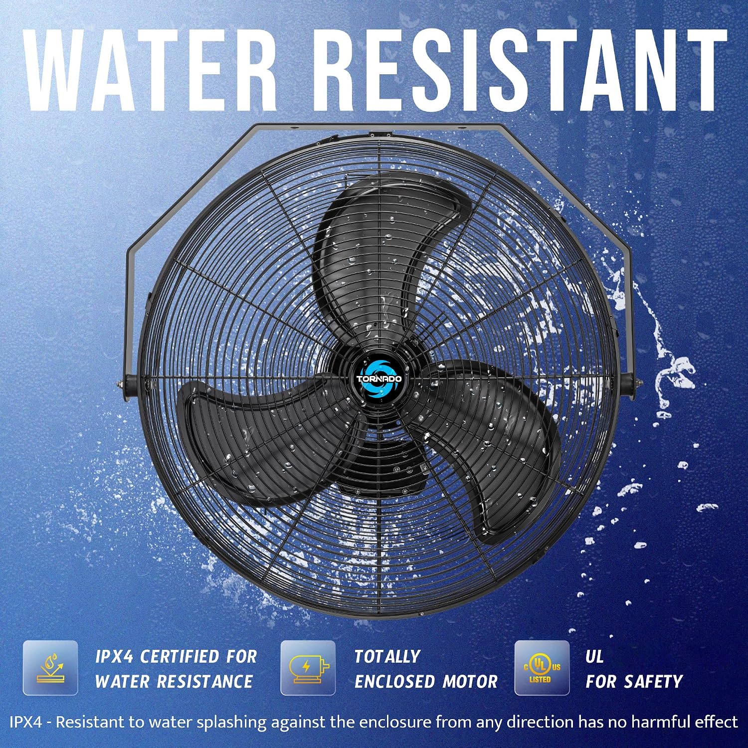 Tornado 24 Inch Outdoor Rated IPX4 Water-Resistant High Velocity Metal Industrial Workstation Wall Mount Fan For Commercial, Industrial, Residential, Greenhouse Use TEAO Motor 3 Speed UL Safety Listed