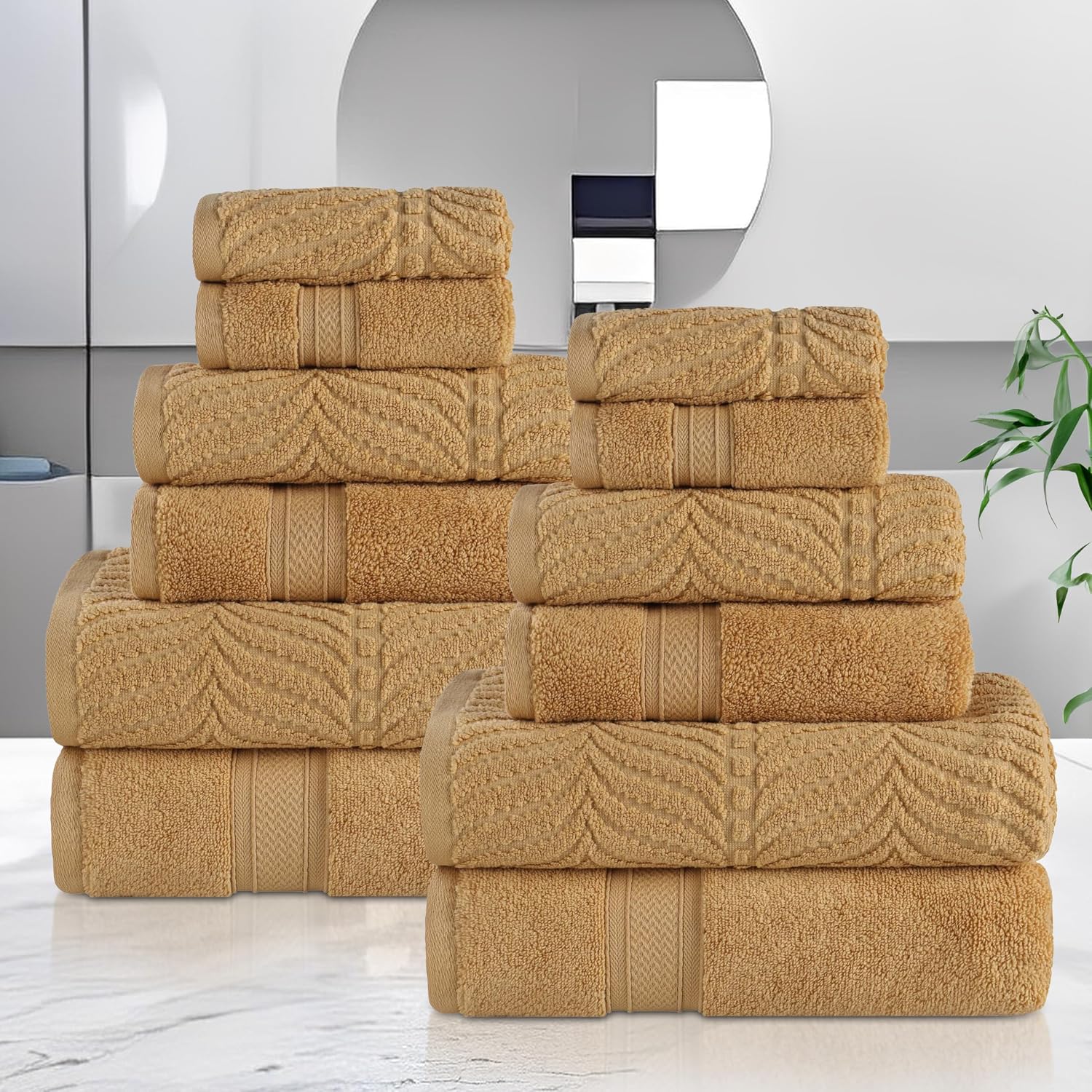 Superior Cotton Chevron 12 Piece Assorted Towel Set, Zero Twist, Quick Dry, Home Essentials, Shower, Spa, Luxury Plush Soft Absorbent Towels, Includes 4 Bath, 4 Hand, 4 Washcloth/Face Towels, Gold