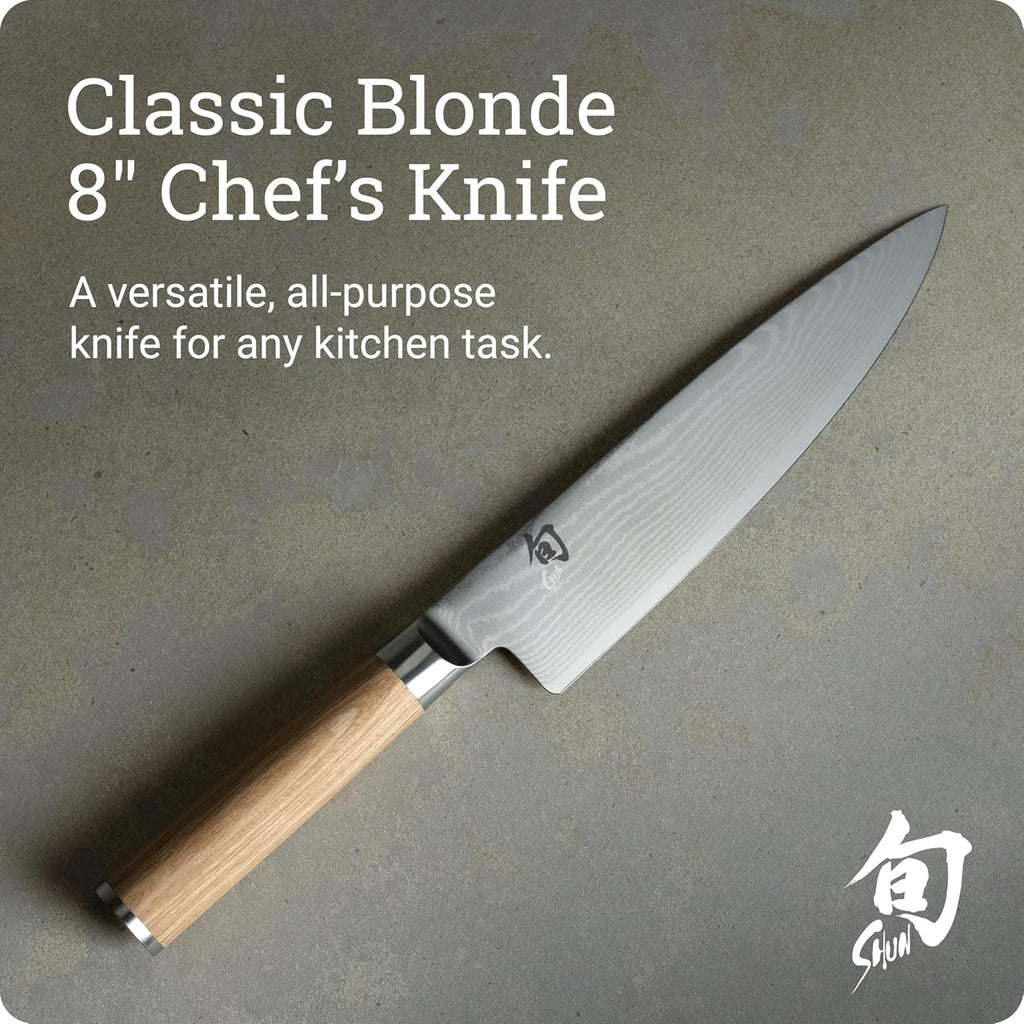 Shun Classic Blonde 8' Chef's Knife, Handcrafted Japanese Kitchen Knife for Professional and Home Chefs, VG-MAX Core with Damascus Stainless Steel Cladding, Pakkawood Handle