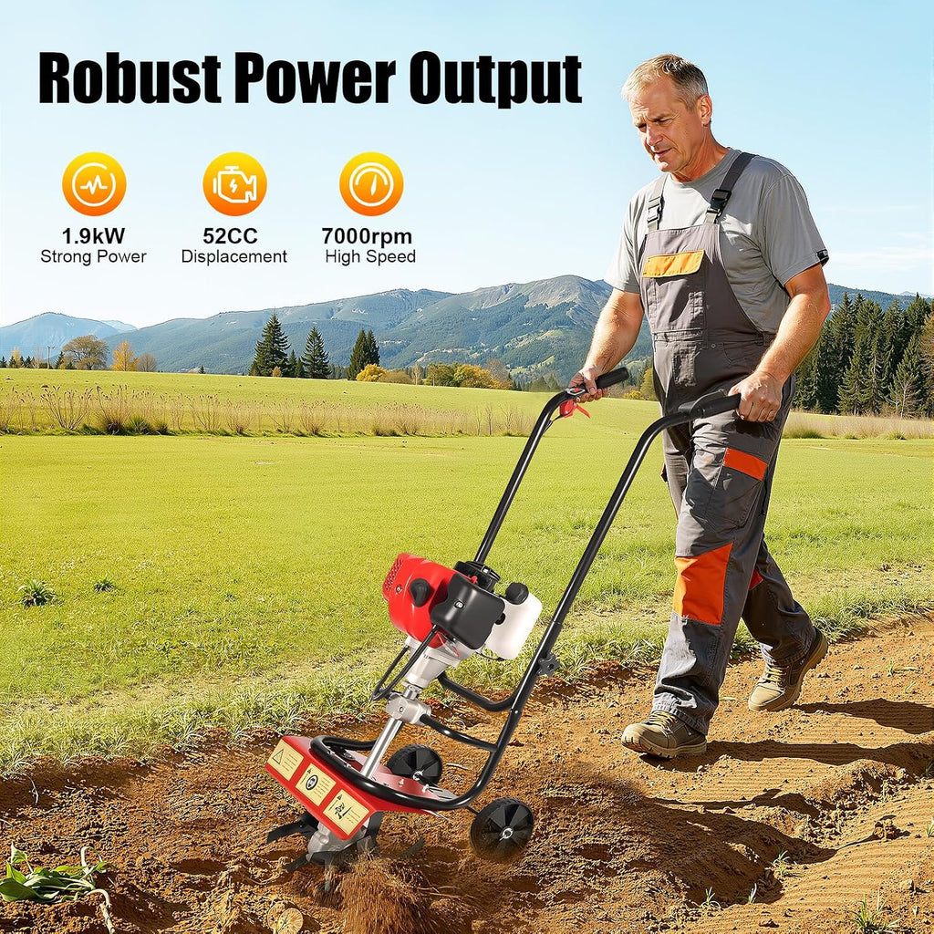 Commercial 52cc Heavy Duty Tiller, 2-Stroke Gas Tiller, Heavy Duty Hand Push Rototiller/Cultivator for Sandy and Loose Soil