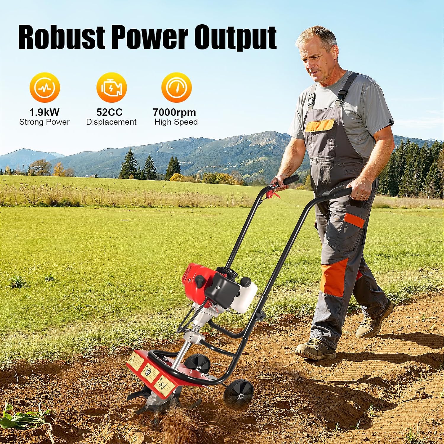 Commercial 52cc Heavy Duty Tiller, 2-Stroke Gas Tiller, Heavy Duty Hand Push Rototiller/Cultivator for Sandy and Loose Soil