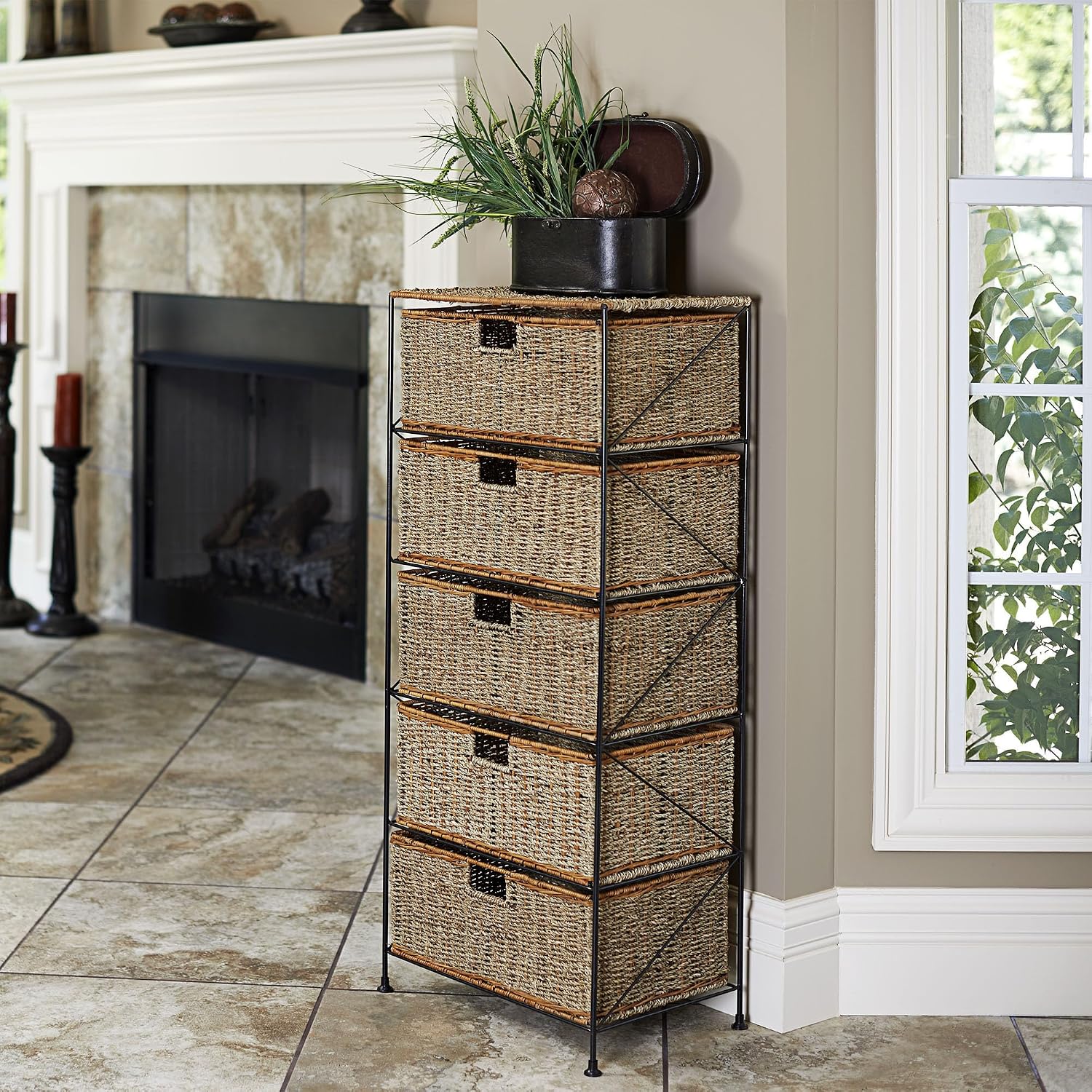Household Essentials 5 Drawer Seagrass Wicker Storage Tower with Handwoven Rattan Design and Strong Metal Frame, Natural Rustic Modern Finish