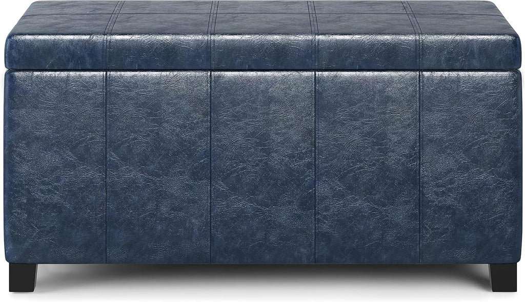 SIMPLIHOME Dover Storage Ottoman Bench - 36 inch Wide Upholstered Vegan Leather Rectangular Lift-Top Ottoman in Denim Blue, Contemporary Bench for Living Room with Safety Hinges