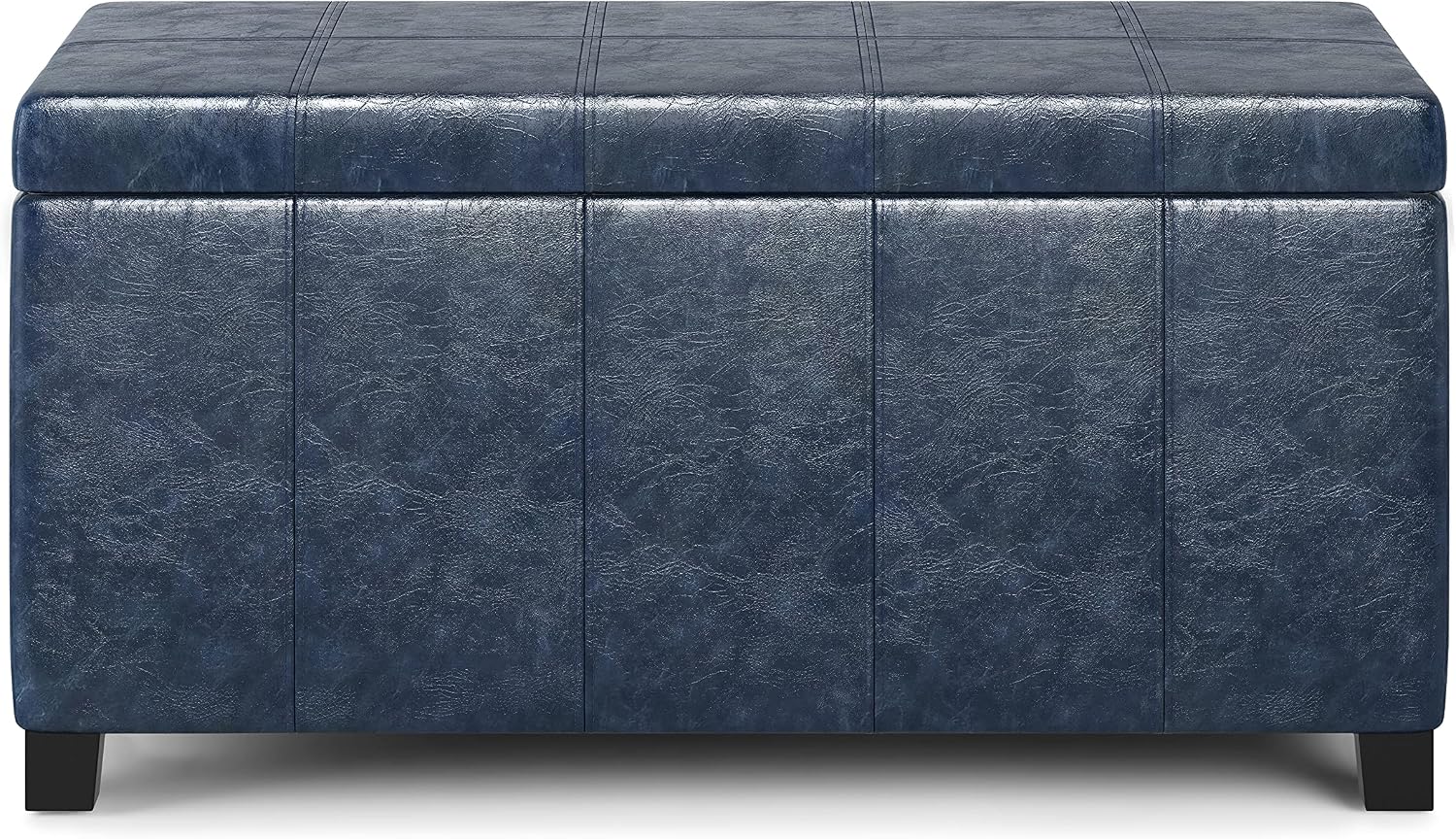 SIMPLIHOME Dover Storage Ottoman Bench - 36 inch Wide Upholstered Vegan Leather Rectangular Lift-Top Ottoman in Denim Blue, Contemporary Bench for Living Room with Safety Hinges