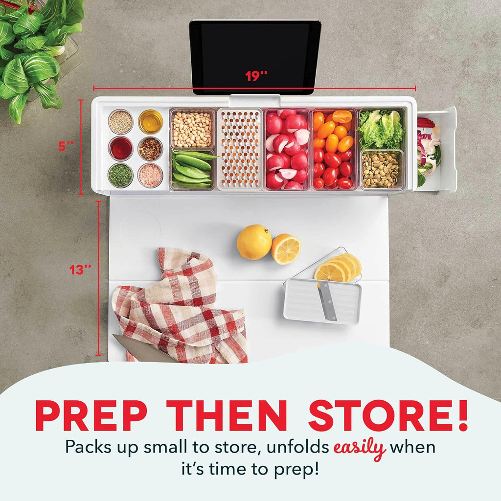 Prepdeck Gen 2 Recipe Prep & Storage Station - 8 Essential Tools + Deluxe Cutting Board, 14 Plastic Containers + Super-Seal Lids, Removable Trash Compartments, Tablet Stand Included - White Stone
