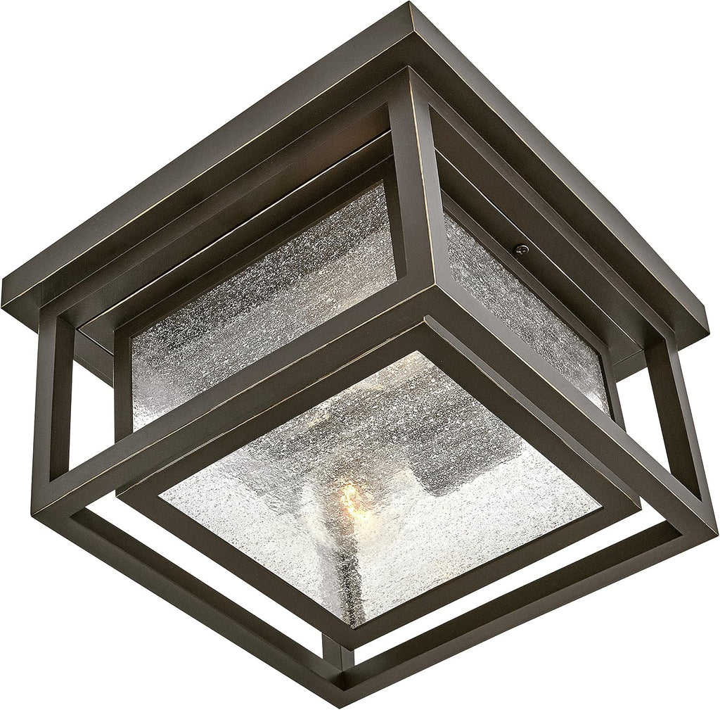 Hinkley Republic Small Flush Mount Outdoor Ceiling Light, Composite, Clear Seedy Glass Panes, Anti-Fading Finish, Oil Rubbed Bronze Finish