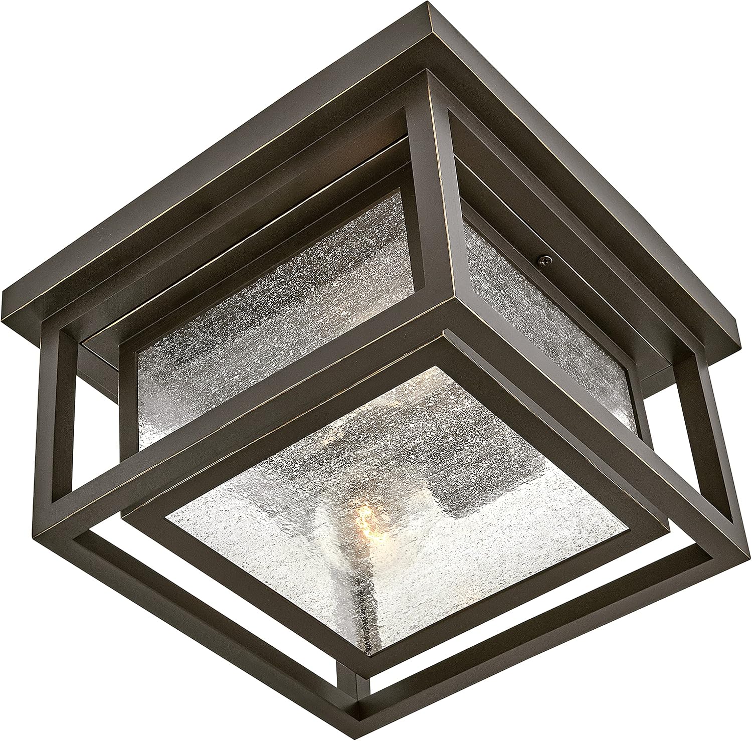 Hinkley Republic Small Flush Mount Outdoor Ceiling Light, Composite, Clear Seedy Glass Panes, Anti-Fading Finish, Oil Rubbed Bronze Finish